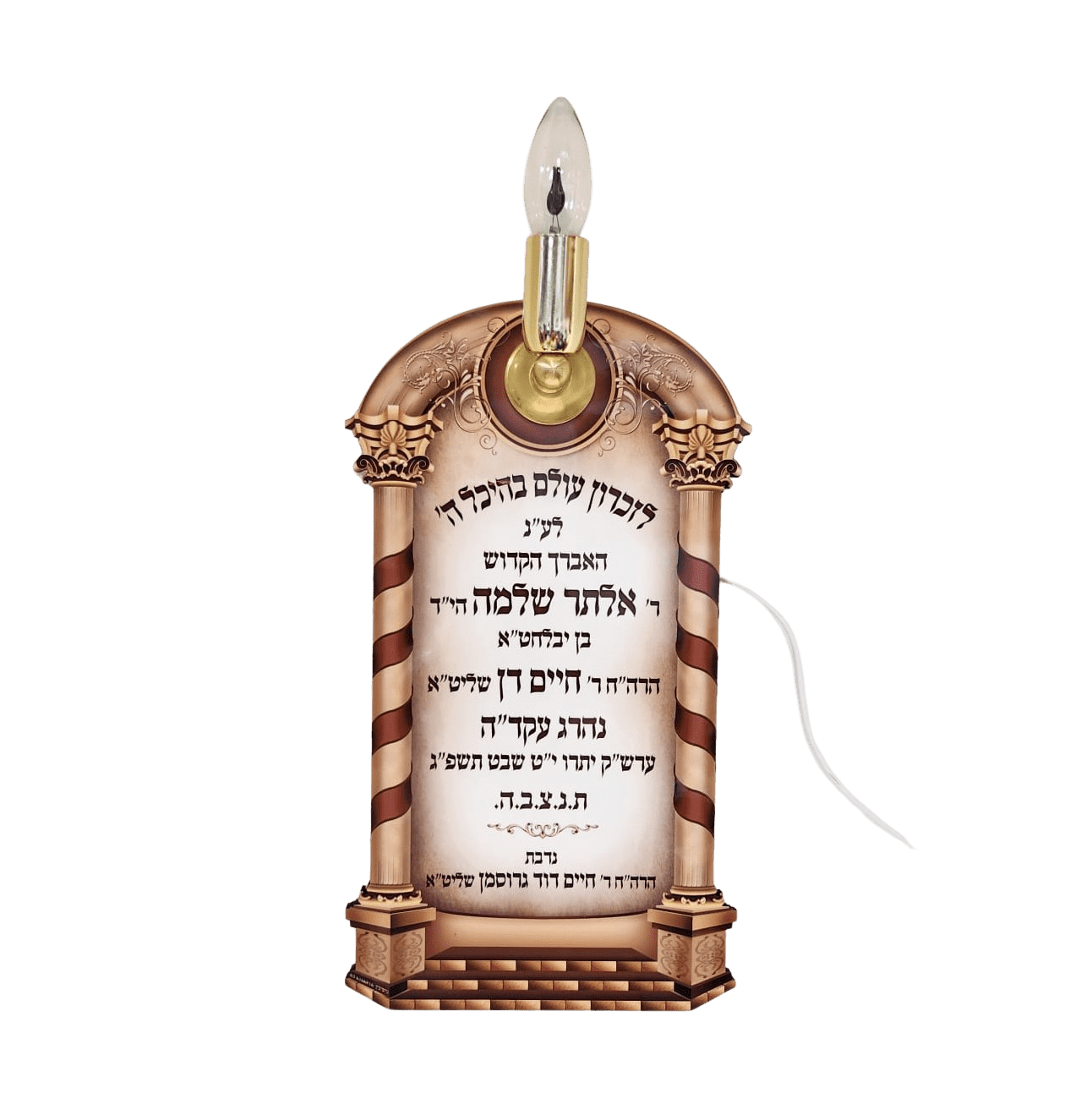 לוח זיכרון לבית הכנסת עם נר אלקטרוני